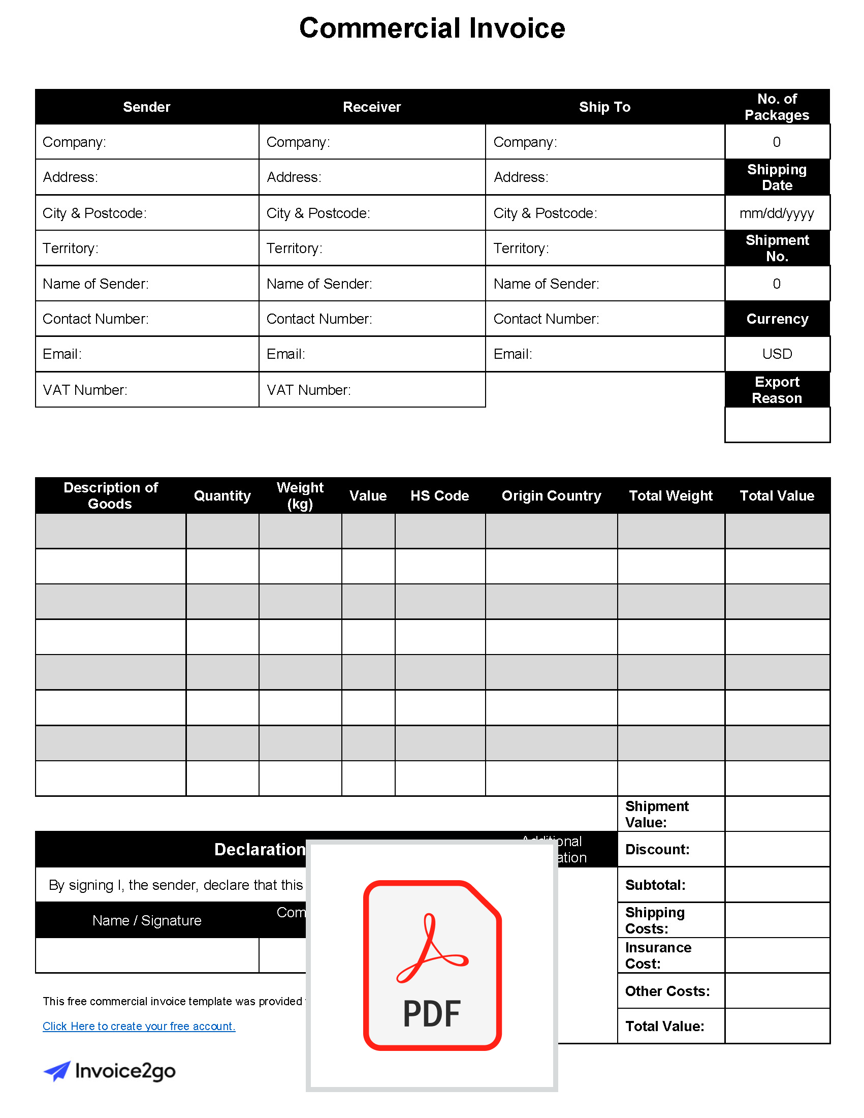 export commercial invoice template