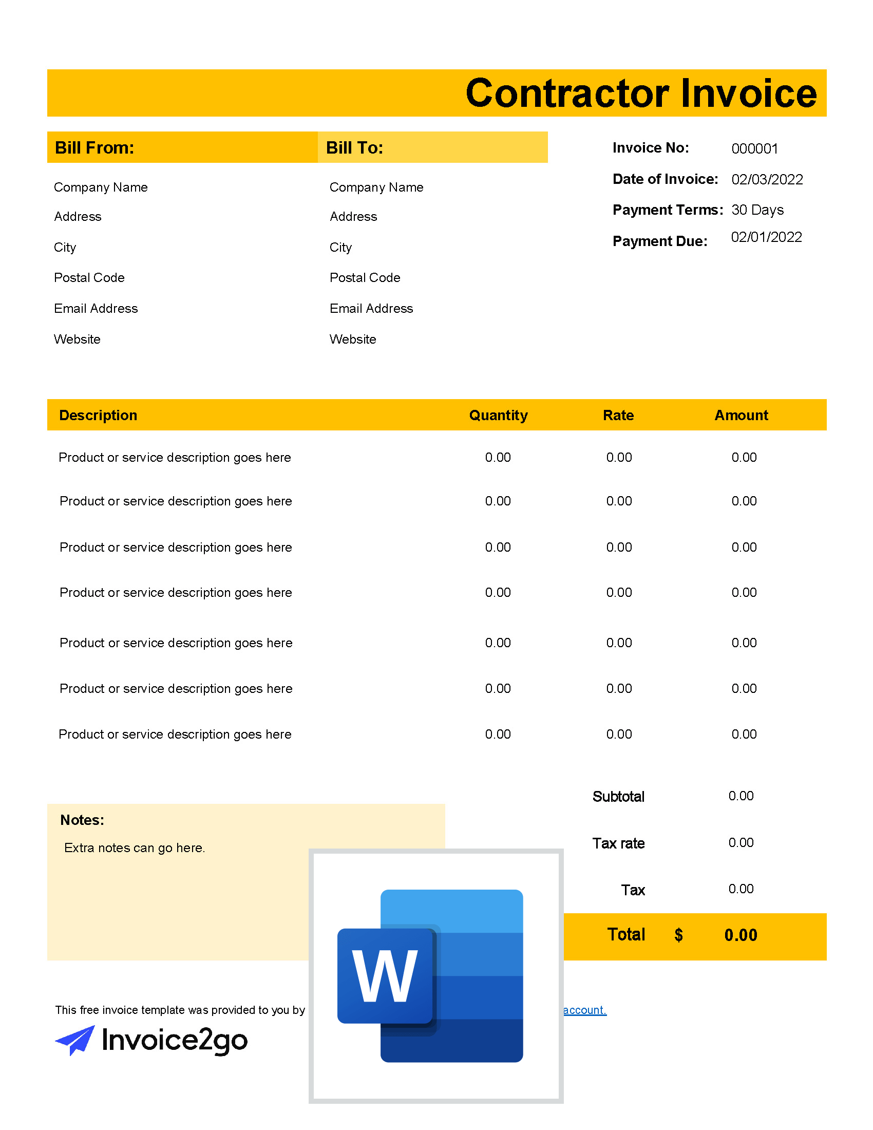 Contractor Invoice Template Free Word Templates